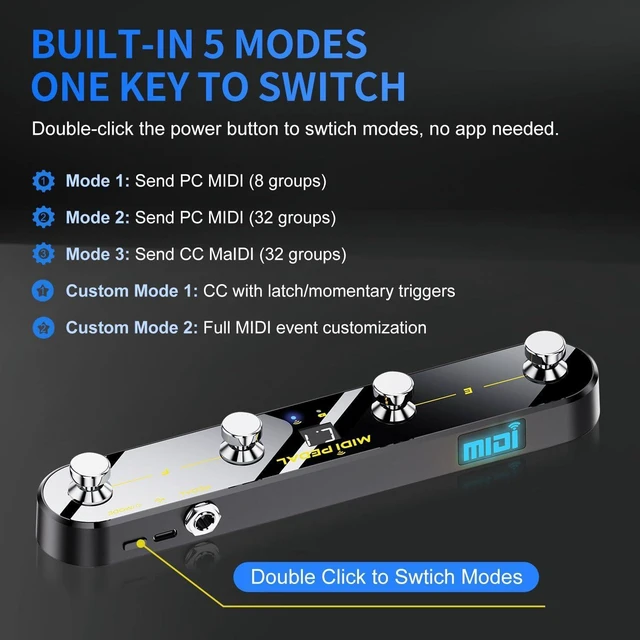 Alt view image 3 of 7 - Wireless MIDI Foot Controller Pedal with MIDI Receiver, Bluetooth & USB MIDI Footswitch Controller with Expression Pedal, 4 Programmable Footswitches, PC App Editing, for DAWs/Synths/Guitar Effects
