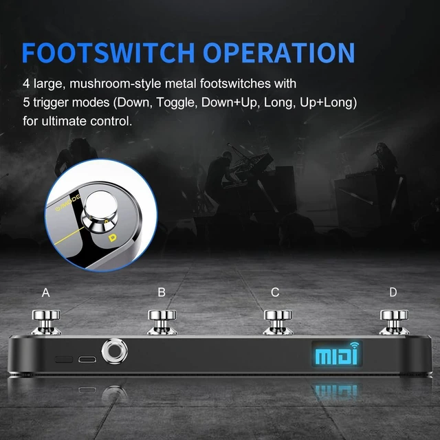 Alt view image 5 of 7 - Wireless MIDI Foot Controller Pedal with MIDI Receiver, Bluetooth & USB MIDI Footswitch Controller with Expression Pedal, 4 Programmable Footswitches, PC App Editing, for DAWs/Synths/Guitar Effects