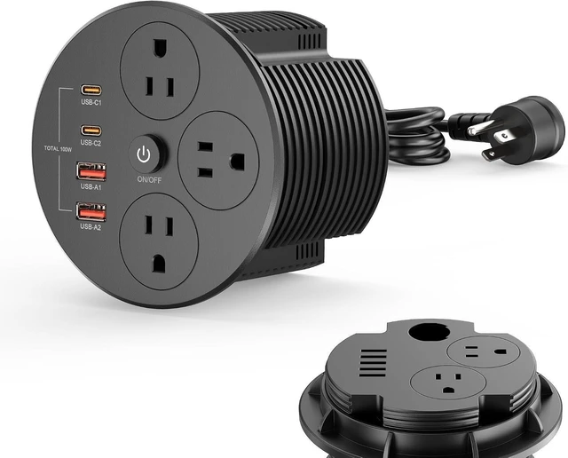 Main image of Desktop Power Grommet with 100W USB C, Double-Side Recessed Charging Station Plug in 5AC Outlets & 4 USB Ports, 4-Inch Hole Furniture Flush Mount for Countertop Black
