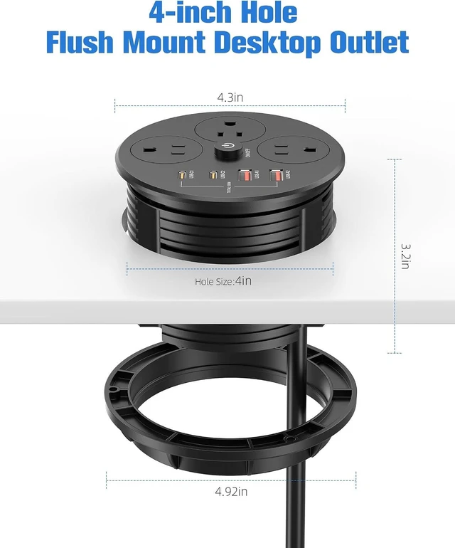 Alt view image 6 of 7 - Desktop Power Grommet with 100W USB C, Double-Side Recessed Charging Station Plug in 5AC Outlets & 4 USB Ports, 4-Inch Hole Furniture Flush Mount for Countertop Black