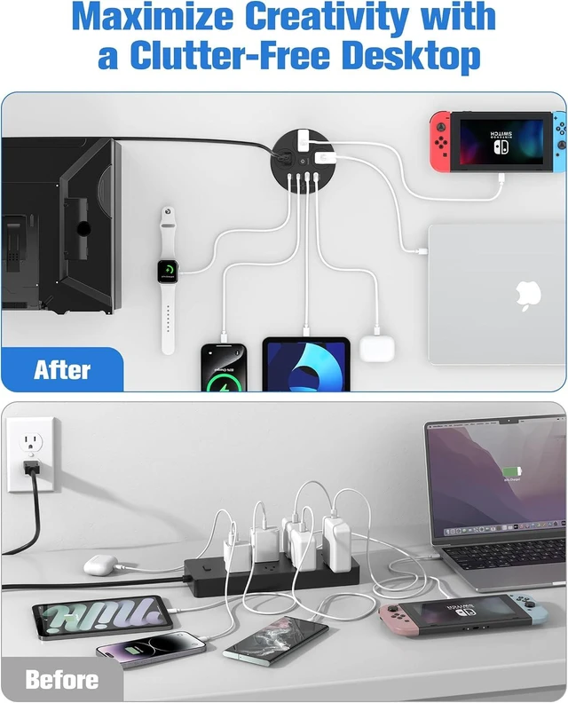 Alt view image 5 of 7 - Desktop Power Grommet with 100W USB C, Double-Side Recessed Charging Station Plug in 5AC Outlets & 4 USB Ports, 4-Inch Hole Furniture Flush Mount for Countertop Black