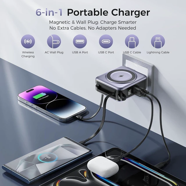 Alt view image 2 of 7 - 6-in-1 Magnetic Portable Charger 10000mAh 22.5W Fast Charging with AC Wall Plug Built-in USB-C & Lightning Cables for iPhone 17/16/15/14/13/12, Android & Samsung (Silver Gray)