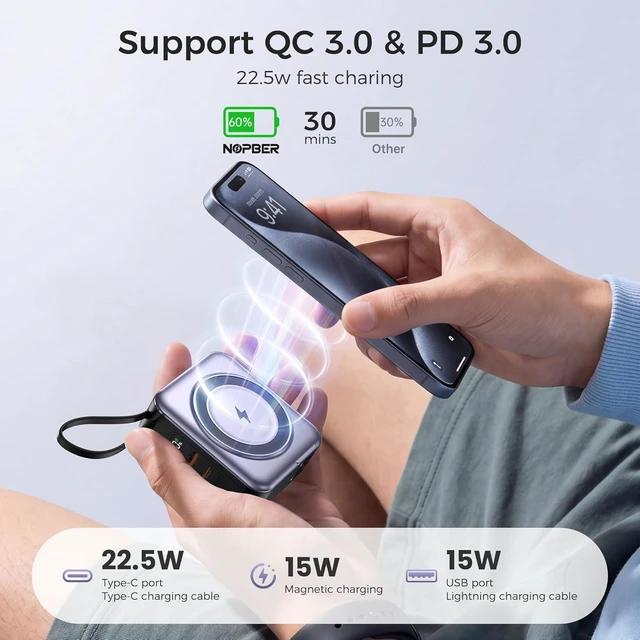 Alt view image 3 of 7 - 6-in-1 Magnetic Portable Charger 10000mAh 22.5W Fast Charging with AC Wall Plug Built-in USB-C & Lightning Cables for iPhone 17/16/15/14/13/12, Android & Samsung (Silver Gray)