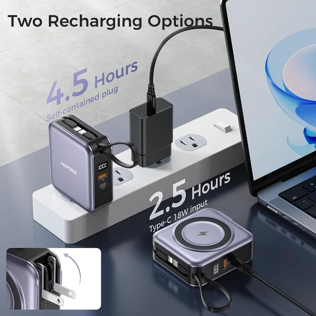 Alt view image 6 of 7 - 6-in-1 Magnetic Portable Charger 10000mAh 22.5W Fast Charging with AC Wall Plug Built-in USB-C & Lightning Cables for iPhone 17/16/15/14/13/12, Android & Samsung (Silver Gray)