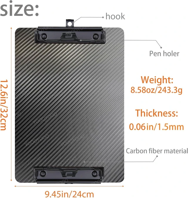 Alt view image 2 of 7 - 9.4"W x 12.6"L x 0.06"T Hard Lightweight Portable Carbon Fiber Clipboard with 2 Strong Black Low Profile Clips, Hook & Pen Holder, Letter/A4 Size Drawing Board, Waterproof & Sun Resistant, 3K Twill