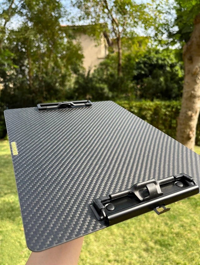 Alt view image 5 of 7 - 9.4"W x 12.6"L x 0.06"T Hard Lightweight Portable Carbon Fiber Clipboard with 2 Strong Black Low Profile Clips, Hook & Pen Holder, Letter/A4 Size Drawing Board, Waterproof & Sun Resistant, 3K Twill