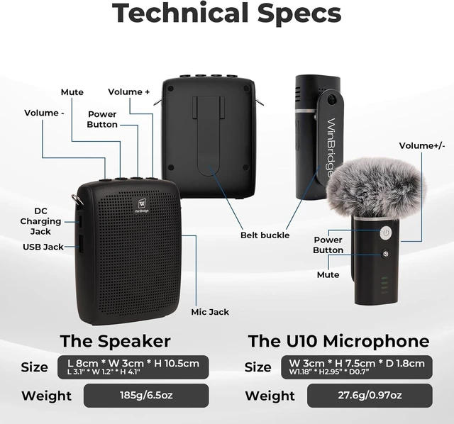 Alt view image 6 of 7 - WinBridge WB006 Upgraded Wireless Voice Amplifier Bluetooth Lapel Microphone with Speaker, Windproof Foam Compact & Portable, Clip-On Mic, Mini Megaphone for Teachers Presenters, Tour Guides