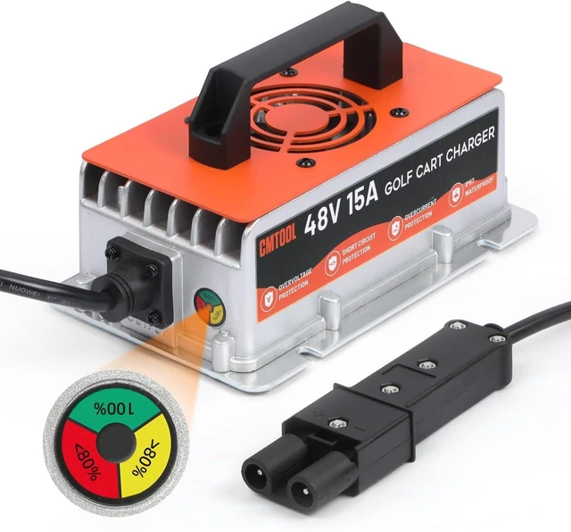 Main image of 48V 15A Golf Cart Battery Charger for Yamaha G19 G22, Smart Automatic Trickle Charger, 2-Pin Binocular Plug, IP67 Waterproof, for 48V Lead-Acid Batteries