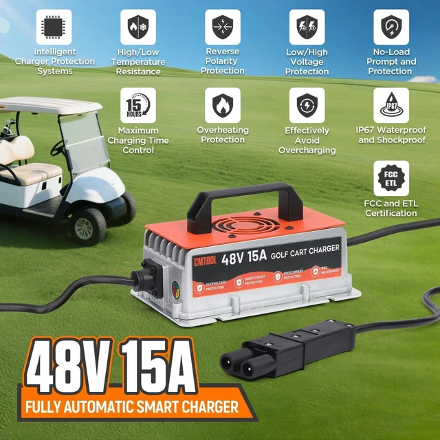 Alt view image 2 of 7 - 48V 15A Golf Cart Battery Charger for Yamaha G19 G22, Smart Automatic Trickle Charger, 2-Pin Binocular Plug, IP67 Waterproof, for 48V Lead-Acid Batteries