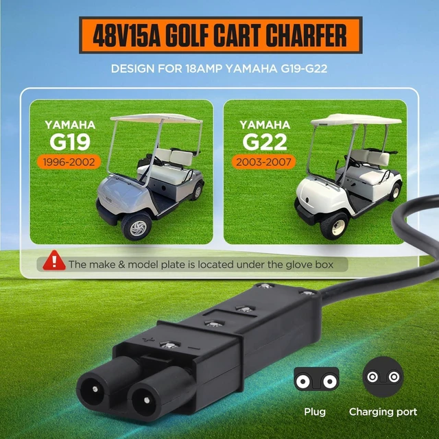 Alt view image 4 of 7 - 48V 15A Golf Cart Battery Charger for Yamaha G19 G22, Smart Automatic Trickle Charger, 2-Pin Binocular Plug, IP67 Waterproof, for 48V Lead-Acid Batteries