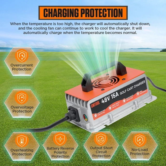 Alt view image 3 of 7 - 48V 15A Golf Cart Battery Charger for Yamaha G19 G22, Smart Automatic Trickle Charger, 2-Pin Binocular Plug, IP67 Waterproof, for 48V Lead-Acid Batteries