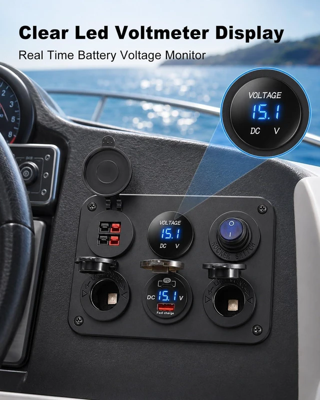 Alt view image 5 of 7 - 6 Gang Charger Sockets Panel USB C PD QC Charger 12V Outlet Voltmeter | Compatible with Anderson Connector, Dual Cigarette Lighter Socket and Voltage Display for Vehicle Upgrades