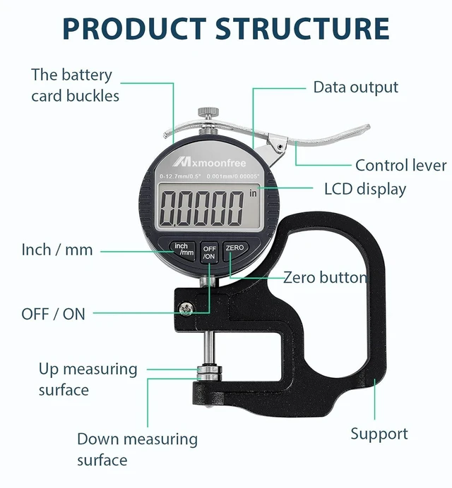 Alt view image 7 of 7 - Digital Thickness Gauge 0.001mm/0.00005" | 0-12.7mm/0.5" Electronic Micrometer Thickness Meter with LCD Display, Unit Conversion, Storage Case, Extra Battery