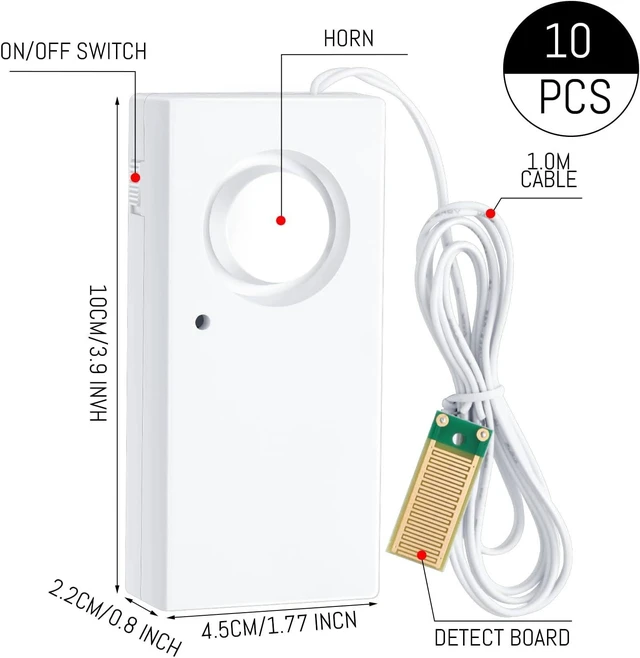 Alt view image 4 of 7 - 5 Pcs Water Sensor Alarm Leak Detector 120db Water Leak Alarm 9v Battery Flood Sensor Detector Overflow Security Alert for Home Basement Kitchen Garage Bath Tub Sink, White