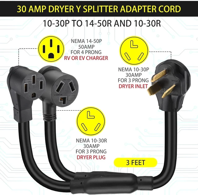 Alt view image 2 of 6 - 30 Amp Dryer Y Splitter to RV/EV Compatible with NEMA 10-30P to 14-50R/10-30R 3 Prong 30A to 4 Prong 50 A Y Adapter Cord for EV Charging Dryer 10 AWG with Safety Ground Wire, 3FT (Black)