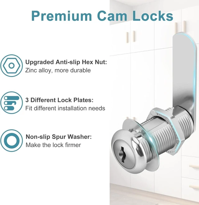 Alt view image 4 of 7 - Cam Locks Cabinet Locks Keyed Alike, 1-3/8'' (Length) Cylinder Fits on 1-1/8'' Max Panel Thickness, 16pcs Secure Files Drawers RV Storage Locks Replacement Set, Zinc Alloy Chrome Finish