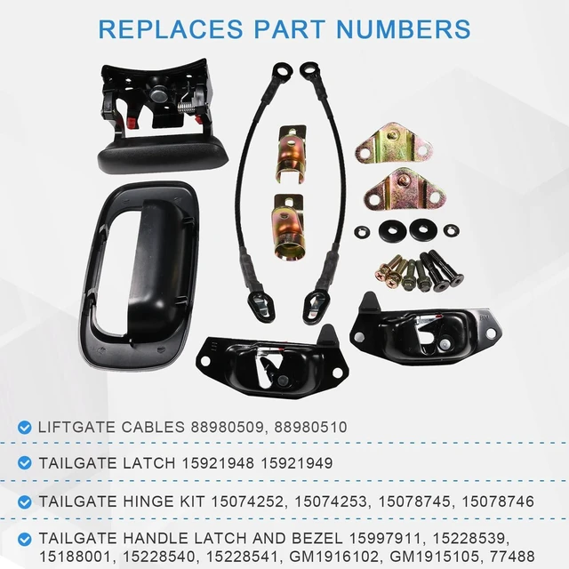Alt view image 2 of 6 - Tailgate Hardware Repair Kit Replacement for 1999-2006 Chevrolet Chevy Silverado GMC Sierra Including Handle, Bezel, Latches, Cables, Hinges, Rods, Clips, and Bolts