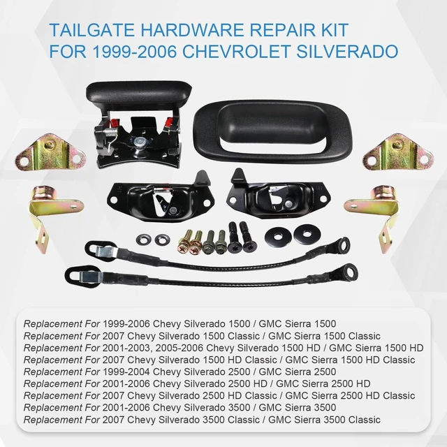 Alt view image 3 of 6 - Tailgate Hardware Repair Kit Replacement for 1999-2006 Chevrolet Chevy Silverado GMC Sierra Including Handle, Bezel, Latches, Cables, Hinges, Rods, Clips, and Bolts