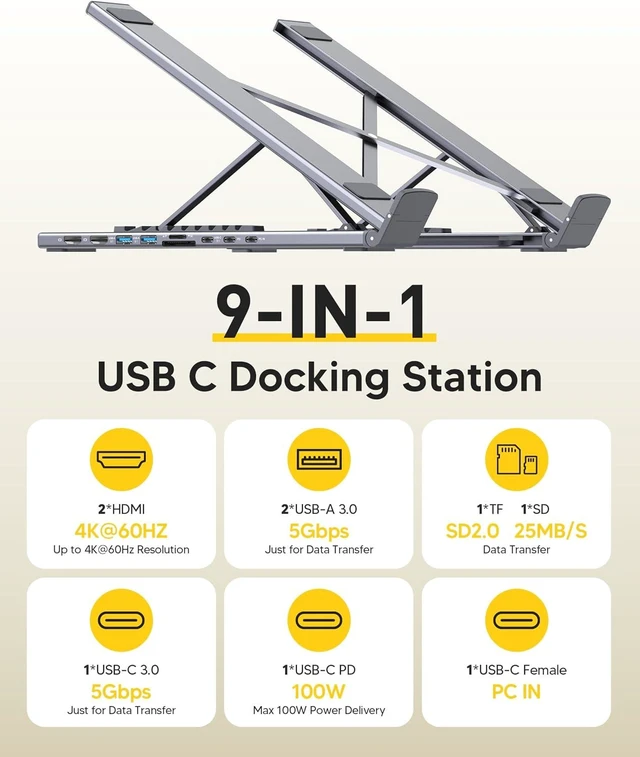 Alt view image 2 of 7 - USB C Laptop Docking Station Stand, Dual Monitor 4K@60Hz, 9 in 1 USB C Hub with 2 HDMI, 2 USB 3.0, PD 100W, Universal Dock Station for MacBook Pro/Air/Dell/HP/Surface/