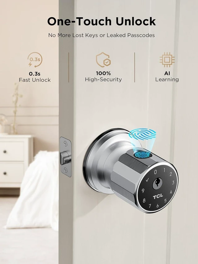 Alt view image 4 of 7 - K1 Fingerprint Smart Door Knob, 0.3s Biometric Keyless Entry, 4-in-1 Access with App Control & Passcode, Auto-Lock, Anti-Peep Keypad, 100 Fingerprints, for Bedroom Apartment Airbnb
