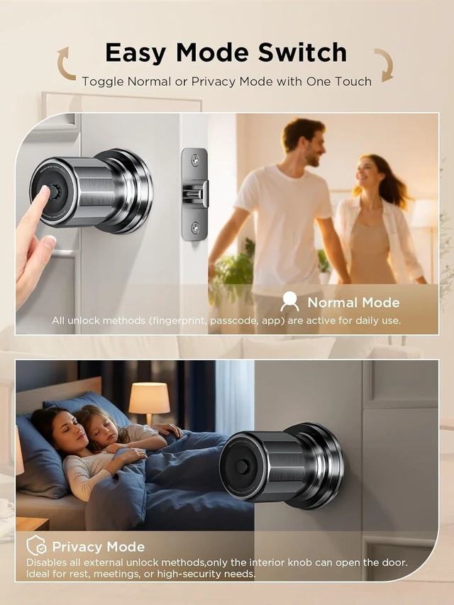 Alt view image 5 of 7 - K1 Fingerprint Smart Door Knob, 0.3s Biometric Keyless Entry, 4-in-1 Access with App Control & Passcode, Auto-Lock, Anti-Peep Keypad, 100 Fingerprints, for Bedroom Apartment Airbnb