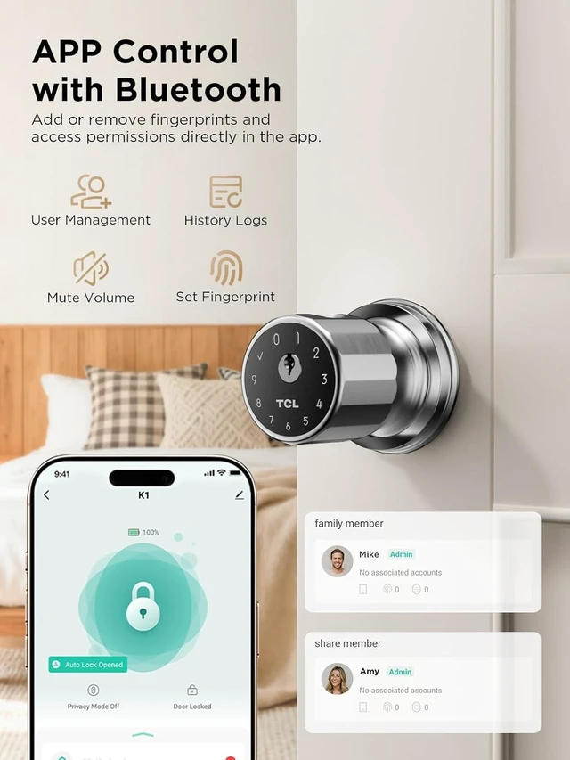 Alt view image 7 of 7 - K1 Fingerprint Smart Door Knob, 0.3s Biometric Keyless Entry, 4-in-1 Access with App Control & Passcode, Auto-Lock, Anti-Peep Keypad, 100 Fingerprints, for Bedroom Apartment Airbnb