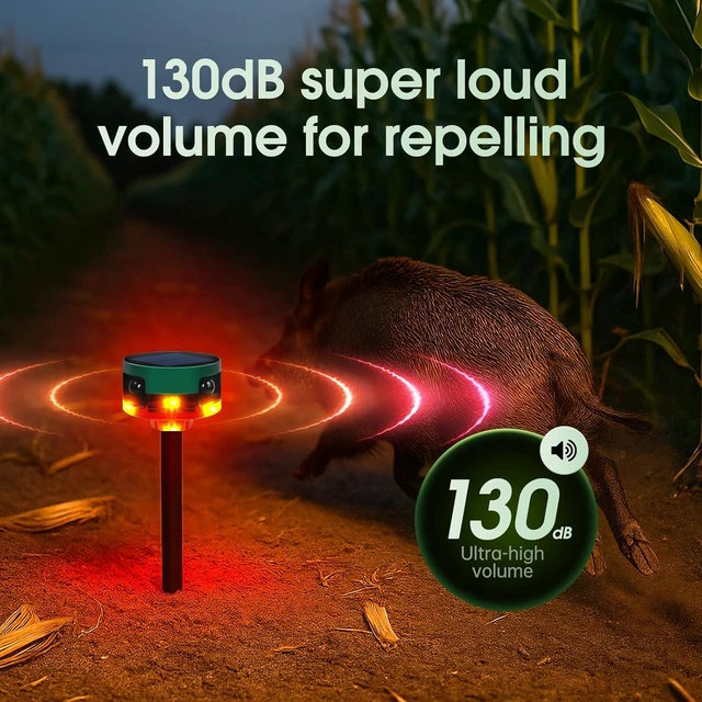 Alt view image 3 of 7 - Solar Outdoor Motion Sensor Alarm, 130dB Dog Barking & Gunshot Sound, 13 Sounds, Strobe Light, Support Recording & Volume Control, Keeps Unwanted Animals Away from Yard, Garden, or Farm