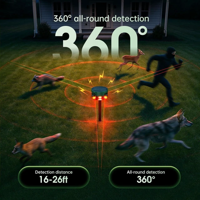 Alt view image 2 of 7 - Solar Outdoor Motion Sensor Alarm, 130dB Dog Barking & Gunshot Sound, 13 Sounds, Strobe Light, Support Recording & Volume Control, Keeps Unwanted Animals Away from Yard, Garden, or Farm