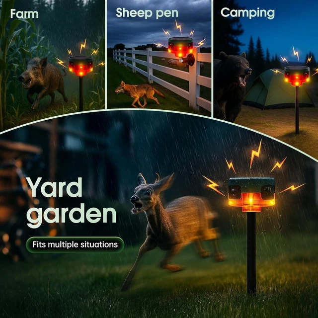 Alt view image 5 of 7 - Solar Outdoor Motion Sensor Alarm, 130dB Dog Barking & Gunshot Sound, 13 Sounds, Strobe Light, Support Recording & Volume Control, Keeps Unwanted Animals Away from Yard, Garden, or Farm