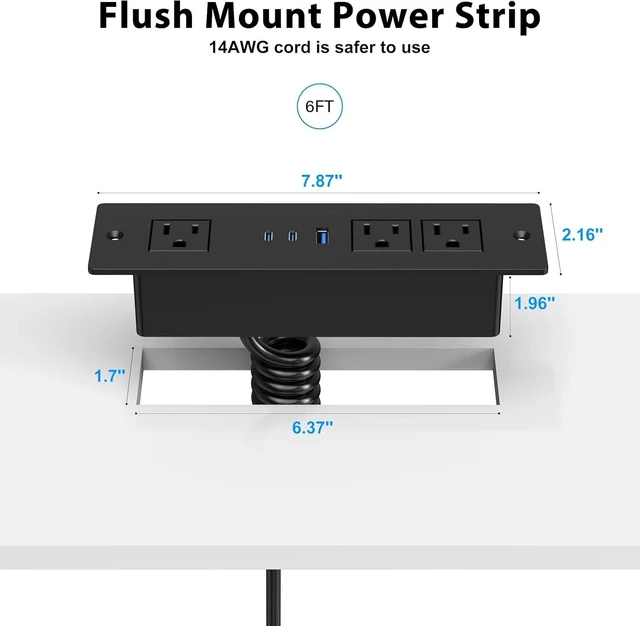 Alt view image 6 of 7 - Drawer Outlet Kit with 65W USB C Fast Charging Station, Recessed Power Outlet with 3 USB Ports & 3 AC Outlets, Furniture Flush Mount Power Strip for Home Office 6ft Cord
