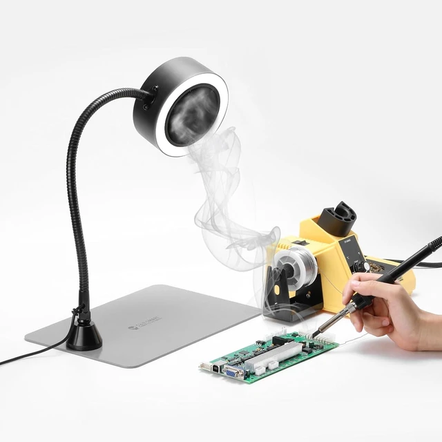Alt view image 2 of 7 - Portable Fume Extractor Fan with LED Lights, Memory Stainless Steel Gooseneck & Replaceable Table Clamp, Magnetic Solder Smoke Absorber for Soldering DIY Working Station
