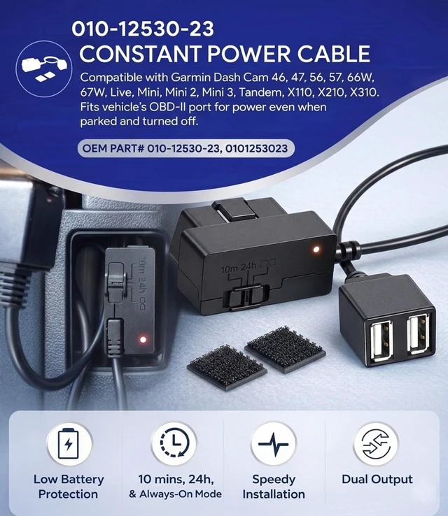 Alt view image 2 of 7 - 010-12530-23 Constant Power Cable for Garmin Dash Cam 46 47 56 57 66W 67W, Live, Mini, Mini 2 3, Tandem, X110, X210, X310, DashCam, Fits Vehicle's OBD-II Port for Power Even When Parked and Turned Off