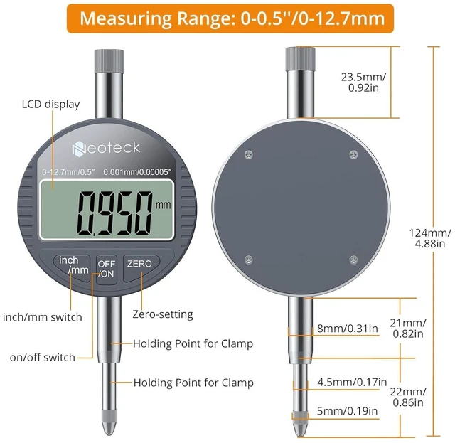 Alt view image 6 of 7 - DTI Digital Dial Indicator 0.5 inch/12.7mm, High Resolution: 0.00005 inch/ 0.001mm, Digital Probe Indicator Dial Test Gauge