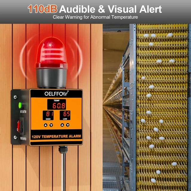 Alt view image 4 of 7 - 120 V Temperature Alarm, Temperature Monitor with 105 dB Integrated Sound & Light Alarm, Temp Controller for Greenhouses, Farms, Warehouses, One-Key Mute Button