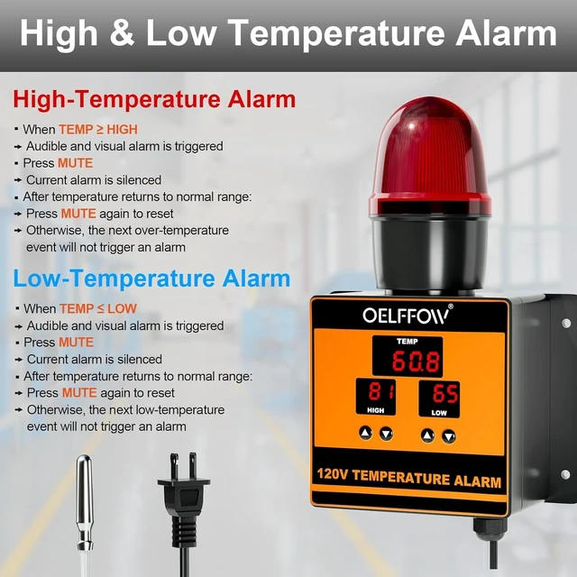 Alt view image 3 of 7 - 120 V Temperature Alarm, Temperature Monitor with 105 dB Integrated Sound & Light Alarm, Temp Controller for Greenhouses, Farms, Warehouses, One-Key Mute Button