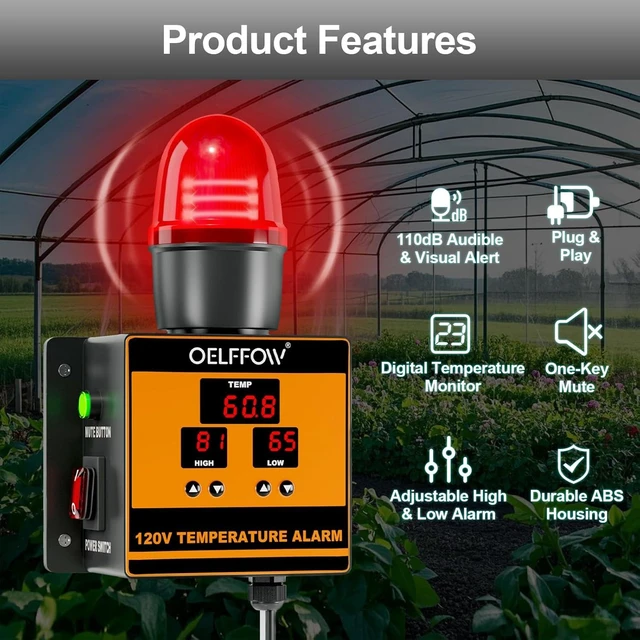 Alt view image 2 of 7 - 120 V Temperature Alarm, Temperature Monitor with 105 dB Integrated Sound & Light Alarm, Temp Controller for Greenhouses, Farms, Warehouses, One-Key Mute Button