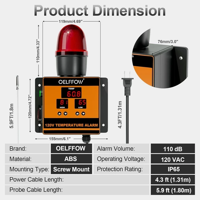 Alt view image 6 of 7 - 120 V Temperature Alarm, Temperature Monitor with 105 dB Integrated Sound & Light Alarm, Temp Controller for Greenhouses, Farms, Warehouses, One-Key Mute Button