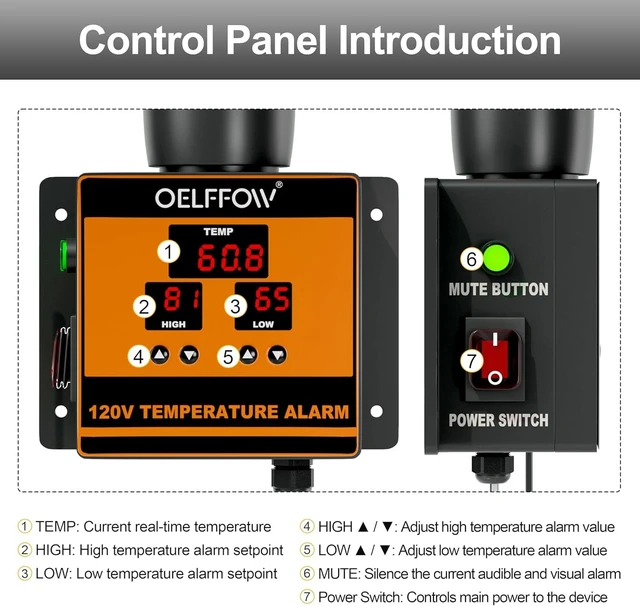 Alt view image 7 of 7 - 120 V Temperature Alarm, Temperature Monitor with 105 dB Integrated Sound & Light Alarm, Temp Controller for Greenhouses, Farms, Warehouses, One-Key Mute Button