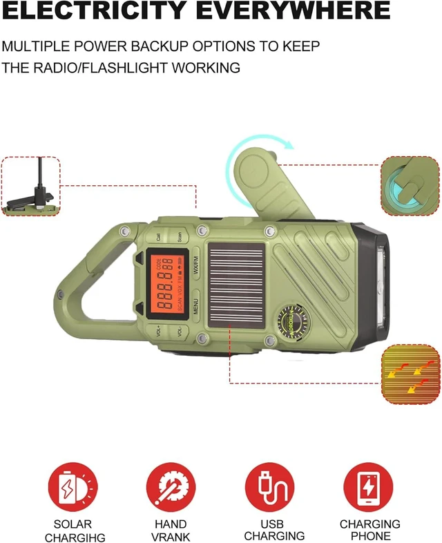 Alt view image 5 of 7 - Emergency Weather Radio Walkie Talkies for Adults - NOAA/FM Weather Alert with Solar Hand Crank & USB Charging, 22-Channel Range 10 Miles Two-Way Radios, LED Flashlight & SOS Alarm 2-Pack
