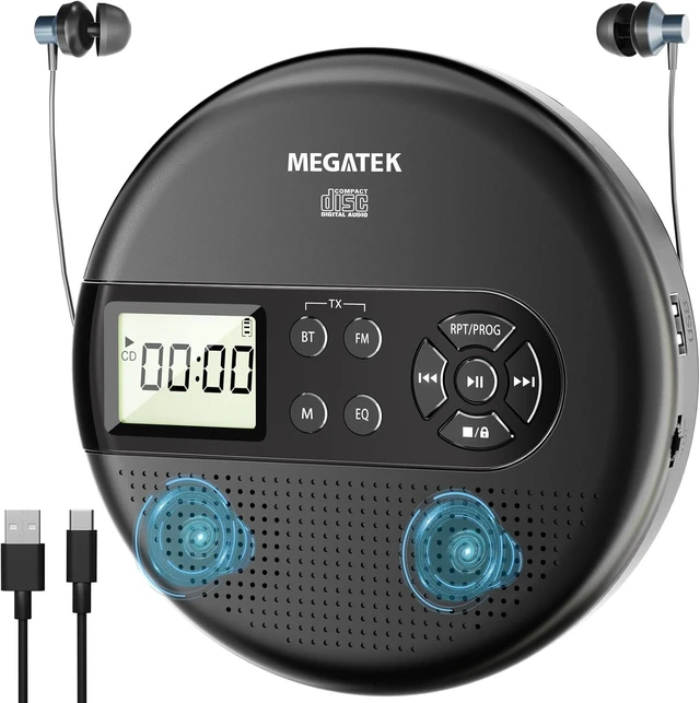 Main image of MEGATEK CP27BR Portable CD Player Bluetooth for Car with FM Transmitter, USB, AUX, LCD Display, Anti-Skip, Stereo Speakers, Headphones & Rechargeable Battery Black