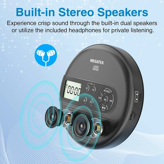 Alt view image 3 of 7 - MEGATEK CP27BR Portable CD Player Bluetooth for Car with FM Transmitter, USB, AUX, LCD Display, Anti-Skip, Stereo Speakers, Headphones & Rechargeable Battery Black