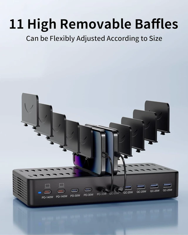 Alt view image 7 of 7 - 620W Charging Station for Multiple Devices, 10-Port USB C Fast Charger Station, Dual 140W PD3.1 PPS Charging Dock with Adjustable Dividers & 6 Cables - for Laptop MacBook, iPhone, iPad