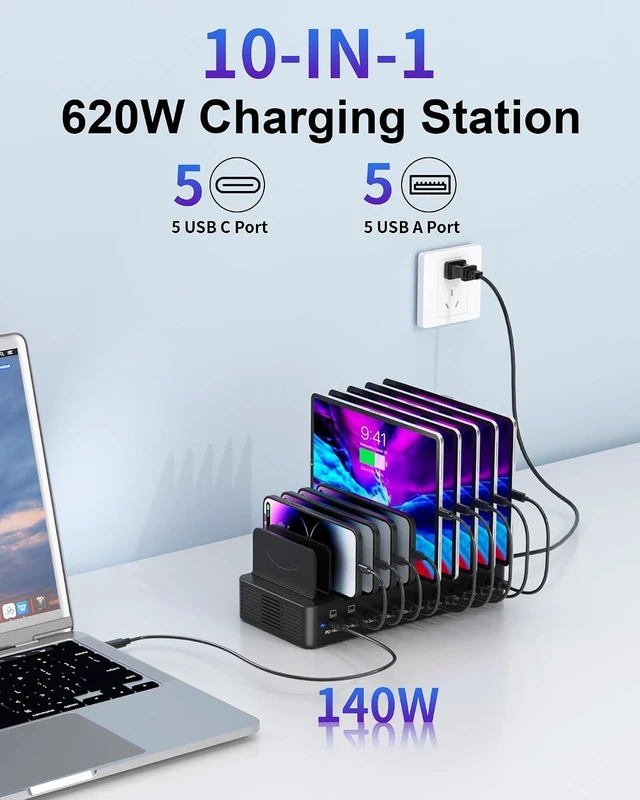 Alt view image 2 of 7 - 620W Charging Station for Multiple Devices, 10-Port USB C Fast Charger Station, Dual 140W PD3.1 PPS Charging Dock with Adjustable Dividers & 6 Cables - for Laptop MacBook, iPhone, iPad