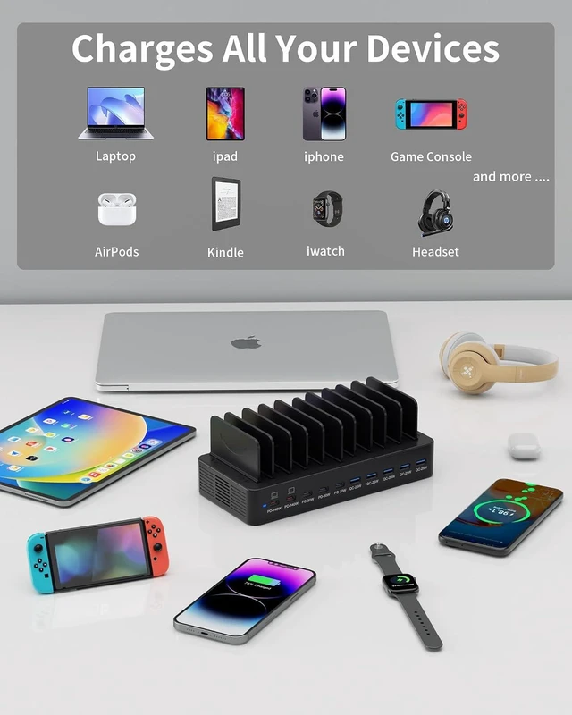 Alt view image 5 of 7 - 620W Charging Station for Multiple Devices, 10-Port USB C Fast Charger Station, Dual 140W PD3.1 PPS Charging Dock with Adjustable Dividers & 6 Cables - for Laptop MacBook, iPhone, iPad