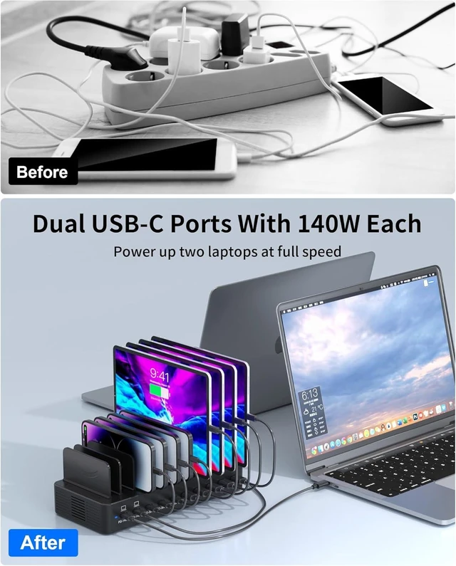 Alt view image 4 of 7 - 620W Charging Station for Multiple Devices, 10-Port USB C Fast Charger Station, Dual 140W PD3.1 PPS Charging Dock with Adjustable Dividers & 6 Cables - for Laptop MacBook, iPhone, iPad