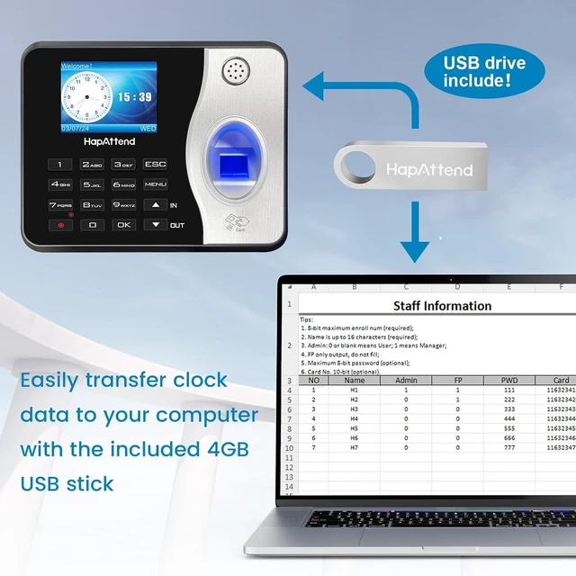 Alt view image 4 of 7 - Time Clocks for Employees Small Business Automatic Calculate Hours, 0 Monthly Fees Fingerprint Time Clock, H3 Standalone Biometric Clock in Machine for Employees with 5 RFID Cards (No WiFi)
