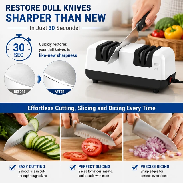 Alt view image 9 of 14 - Electric Knife Sharpener, 15° Guide Non-Slip Base for Sharpen & Polish | Non-Slip Base, Fast & Portable Stainless Steel Grinding Tool
