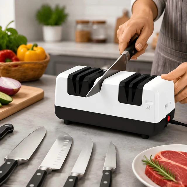 Alt view image 12 of 14 - Electric Knife Sharpener, 15° Guide Non-Slip Base for Sharpen & Polish | Non-Slip Base, Fast & Portable Stainless Steel Grinding Tool