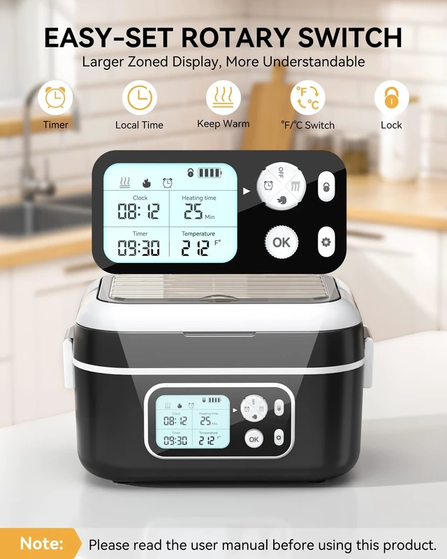 Alt view image 11 of 14 - Heated Lunch Box, Cordless 24000mAh 100W Electric Lunch Box with Smart Timer, 6.3-Cup Super Large Lunchbox for Men & Women, Portable Food Warmer with Insulated Bag for Outdoor/Office, Black