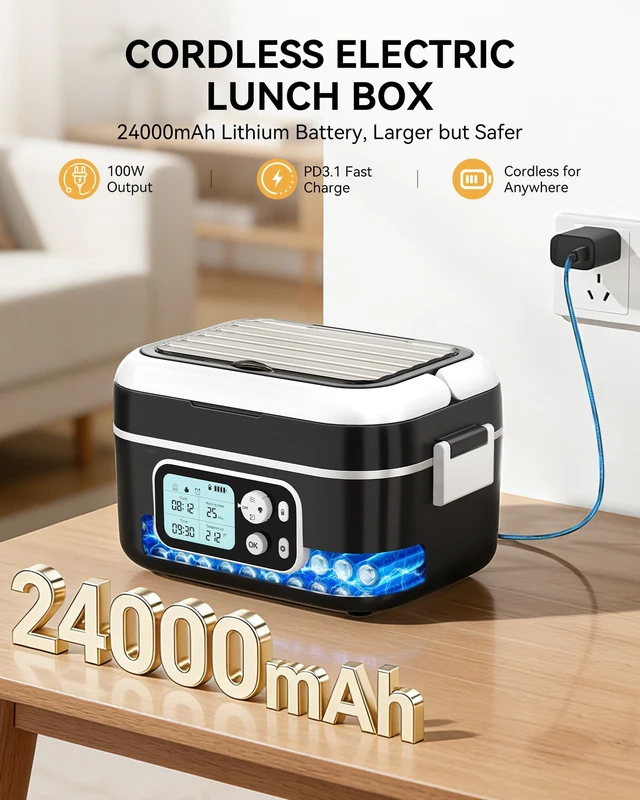 Alt view image 10 of 14 - Heated Lunch Box, Cordless 24000mAh 100W Electric Lunch Box with Smart Timer, 6.3-Cup Super Large Lunchbox for Men & Women, Portable Food Warmer with Insulated Bag for Outdoor/Office, Black